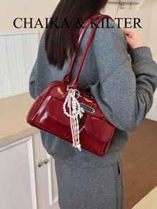 1件 CHAIKA & KILTER 女士纯色亮面PU皮革单肩包，时尚多口袋大容量波士顿保龄球包，带拉链封口，适合日常和户外使用（附赠吊坠） - 酒紅色 - 查看 7