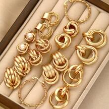 18pcs Fashionable, Minimalist, Elegant, Delicate, Retro Design Layered Pearl Knot, Ribbon, Geometric Criss-Cross, Shimmering C-Shaped Hoop, Chunky Wide Face Stud Earrings Set, Suitable For Holiday, Party, Date, Gift, Daily Wear - Yellow Gold - View 5