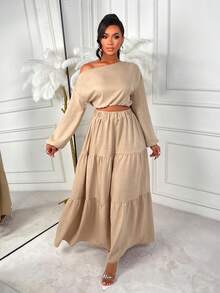 AIJ Amarilo Damen elegantes Crop Top mit einem Schulterausschnitt und langem Arm sowie langes Rock mit gestuftem Saum, 2-teiliges Set für Herbst/Winter, Lässig Urlaubs-Outfit