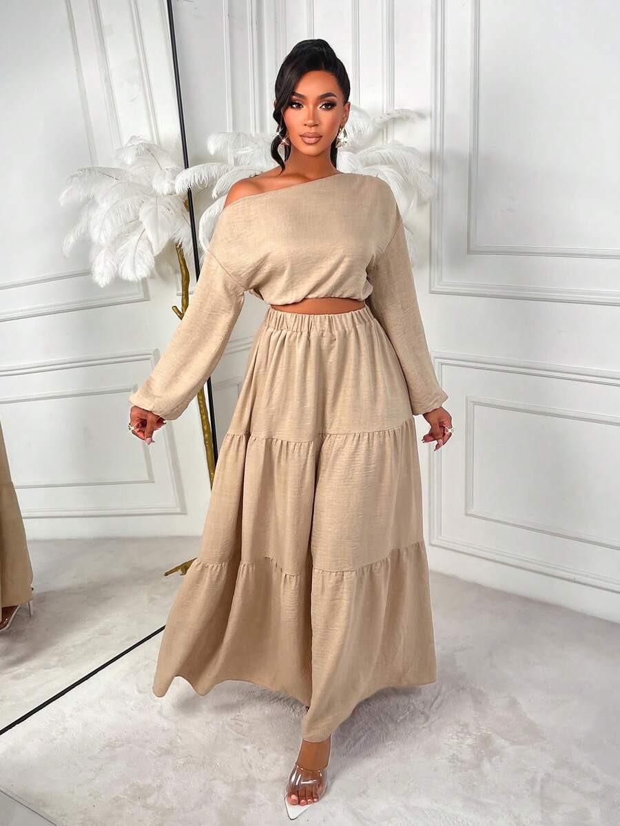 AIJ Amarilo Damen elegantes Crop Top mit einem Schulterausschnitt und langem Arm sowie langes Rock mit gestuftem Saum, 2-teiliges Set für Herbst/Winter, Lässig Urlaubs-Outfit