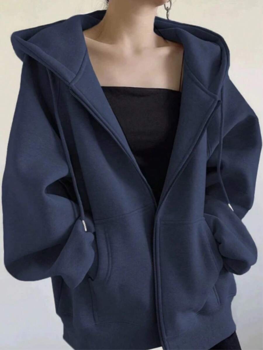 Women's Hooded Sweatshirt With Zipper Closure - Navy Blue - View 1