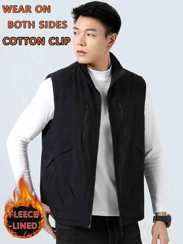 Men's Reversible Thermal Lined Vest With Multiple Pockets, Outdoor Casual Sports, Autumn/Winter