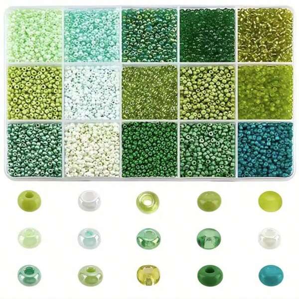 Aproximadamente 600 piezas/9000 piezas Juego de fabricación de joyas con cuentas de vidrio de 2 mm de la serie verde, para pulseras DIY, collares, aretes, anillos, joyas, manualidades (color aleatorio)