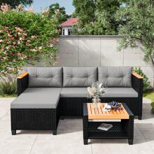 3-Piece Patio Furniture Set, All-Weather PE Rattan Outdoor Sectional With Storage Table, L Shape Outdoor Couch With Cushions, Small Wicker Patio Furniture For Balcony Garden