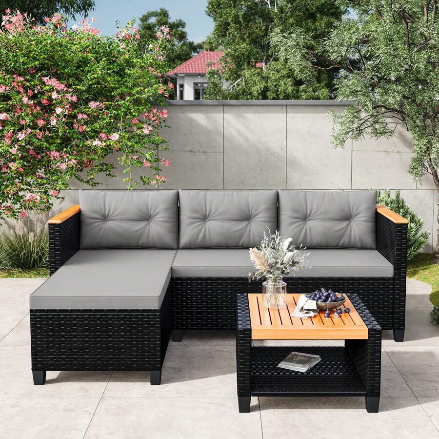 3-Piece Patio Furniture Set, All-Weather PE Rattan Outdoor Sectional With Storage Table, L Shape Outdoor Couch With Cushions, Small Wicker Patio Furniture For Balcony Garden