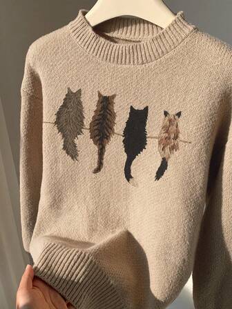 Casual Cat Pattern Drop Shoulder Sweater, Autumn/Winter