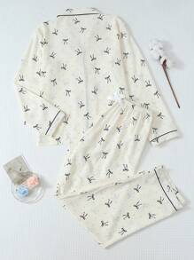 2pcs Women Polka Dot Bowknot Sleepwear Set, Long Sleeve Button Collar Top And Pants, Casual Loungewear For Home Use, Autumn/Winter, Fall Clothes