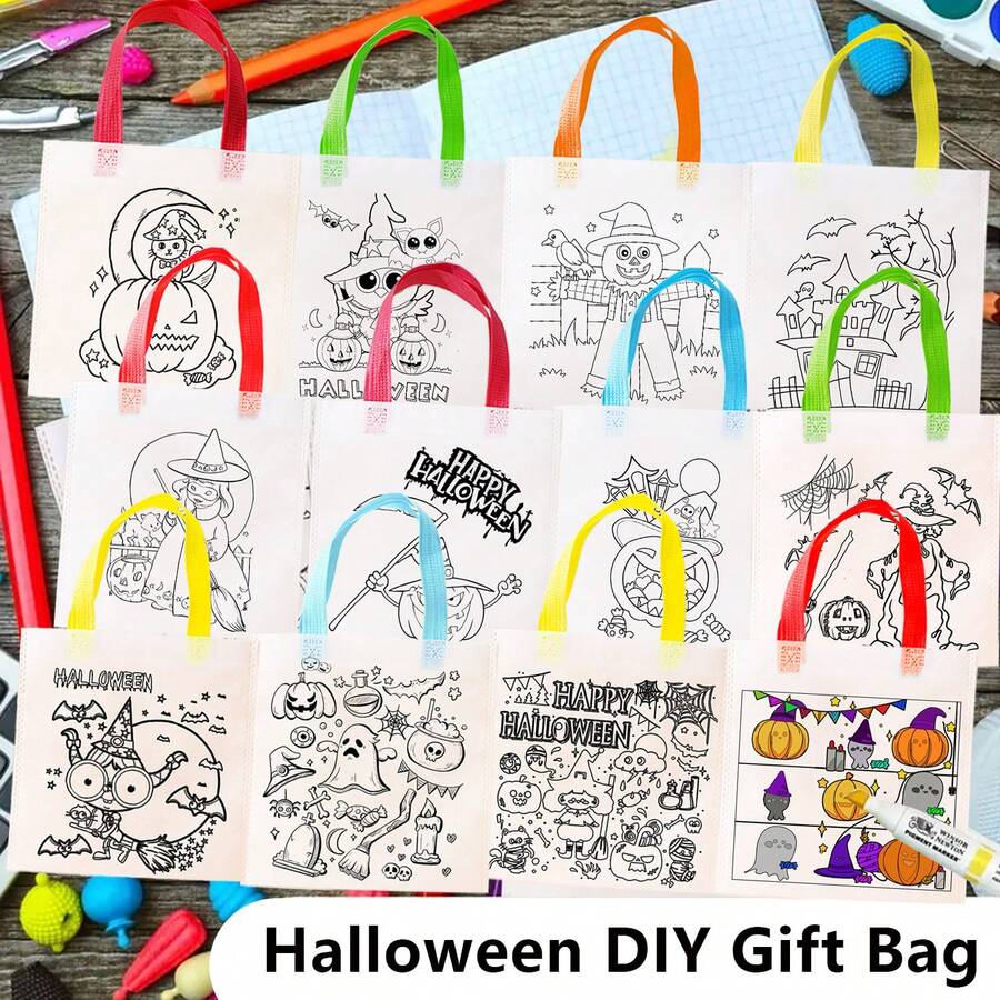 12pcs Halloween Theme Coloring DIY Tote Bag Set, Includes Pumpkin, Witch And Other Fun Patterns, Handmade Painting And Coloring, Creative Craft, Party Favor Bags, Holiday Gift Bags, Halloween, Party Decor - Multicolor - View 1