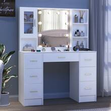 Large Dressing Table With Dimmable LED Mirror And 7 Drawers Makeup Vanity Desk - White - View 2