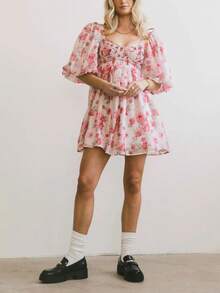 Women's Floral Short Dress Fall Puff Sleeve Open Back Low Cut A Line Dress Y2K Square Neck Flowy Dress For Going Out Party Club Streetwear - 粉色 - 查看 3
