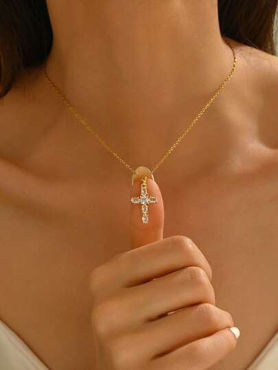 1pc 18K Gold-Plated Stainless Steel Chain With Cross Pendant Inlaid With Cubic Zirconia, Adjustable Necklace, Suitable For Women's Daily And Party Wear, Gift For Friends