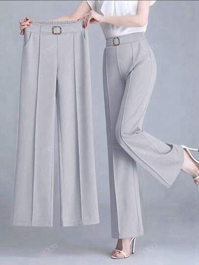 Elegante effen tandenstoker met gestreept ontwerp voor dames, rechte pijpen, losse, casual forensenbroeken