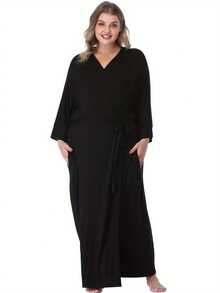 Womens Plus Size Long Robes Lightweight Kimonos V Neck Knit Bathrobe Soft Maternity Robe Sleepwear - 黑色 - 查看 5