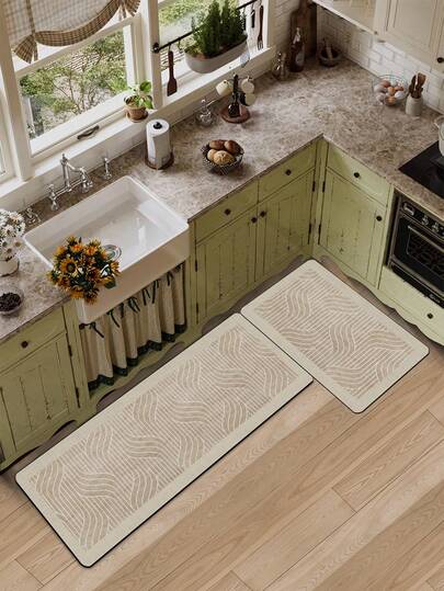 A Square Pattern Composed Of Light Beige And Light Brown Combined With White Curves And White Straight Lines, Modern And Simple Style, Shock-Absorbing Anti-Fatigue Carpet, About 3 Mm In Thickness, Super Soft, Water-Absorbing, Lightweight Polyester Rectangular Design With Rubber Backing, Durable And Comfortable, Front Fabric, Middle Sponge, Bottom Rubber Material, Suitable For Kitchens, Bathrooms, Entrance Doors, Laundry Rooms, And Other Places.