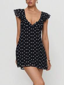 Women Y2k Dot Print Tank Mini Dress Flying Sleeve V Neck Ruffle Hem Bodycon Short Dress Summer Backless Slim Fit A-Line Going Out Dresses For Daily Party Club Wear - 黑色 - 查看 4