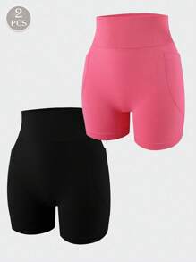 2pcs Women High Waisted Yoga Shorts With Side Pockets, Multicolor