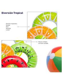 Set Of 7 Inflatable Pool Floats, 4 Fruit Rings, And 3 Pool Balls. Bluelander - Multicolor - View 3