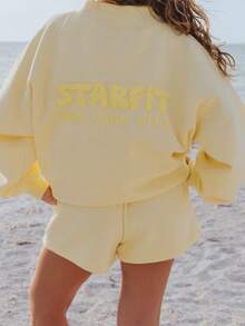 Women Athletic Shorts Loose Fit Solid Color Drawstring Sweatshorts For Yoga Running - 黃色 - 查看 6