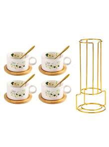 4pcs/Set Ceramic Marble Coffee Cup Set With Gold Stand, Including 4 Cups, 4 Saucers, 4 Spoons, Available In Turquoise Flower Design, 180ml Cappuccino/Latte Cups With Marble Pattern In Black Or White, Handled Espresso Cups