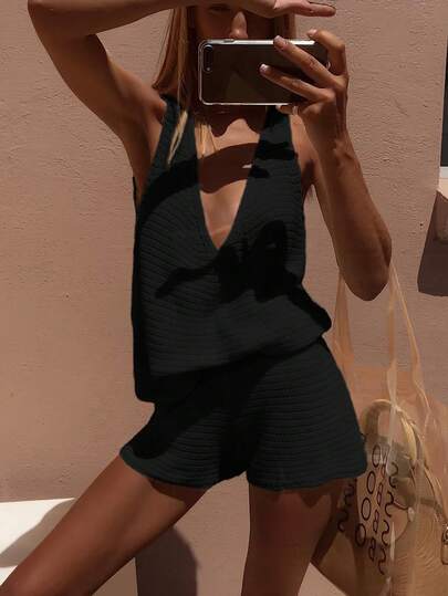 Women's Knit Sexy Top And Shorts Set, Suitable For Daily Wear, Vacation, And Sexy Style