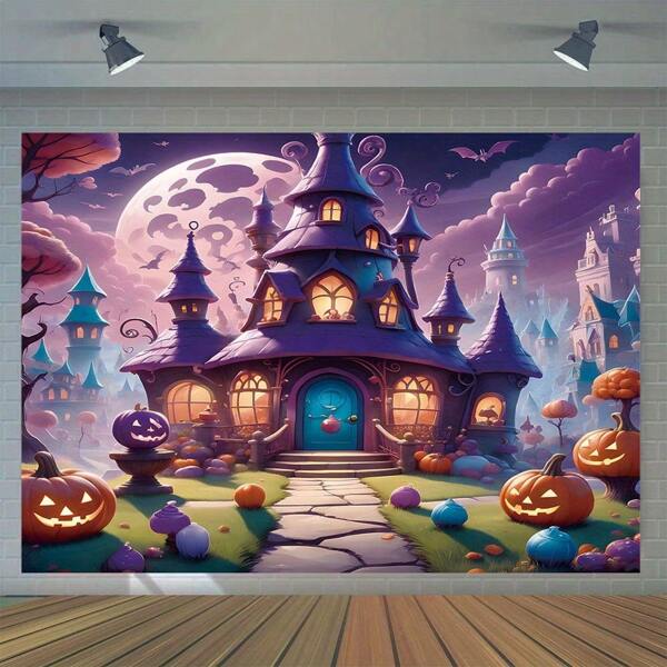 1 stuk 2D decoratieve fotografie artistieke stijl Halloween achtergrond, dromerige paarse kasteel pompoen horror scène, vreemde feest decoratieve banner, fotohokje prop voor feestdagen