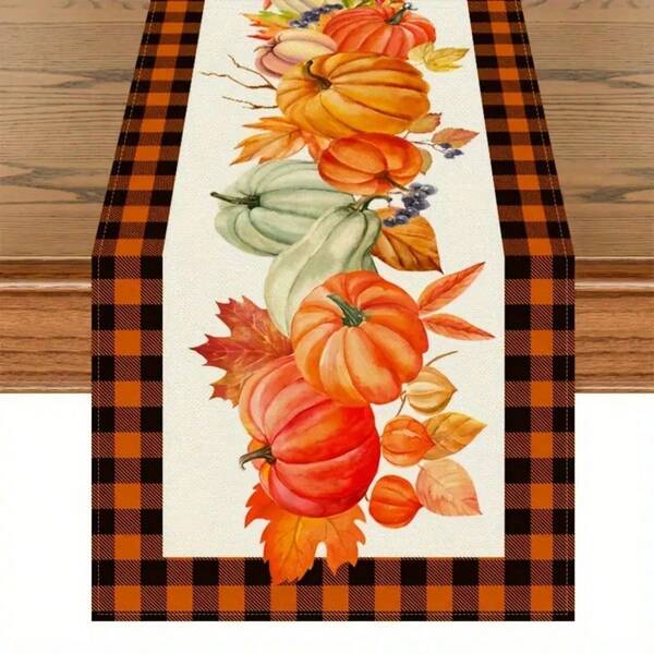 1pc Autumn Harvest Pumpkin & Maple Leaf Design Checkered Square Tablecloth, Suitable For Thanksgiving Decor, Machine Washable, Color-Fast