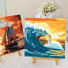 1 Set Number Painting Kit For Adult Beginner,Waves,Sunset Landscape Series Design With Wooden Frame,Acrylic Paint,Brush,Hooks For Home Wall Hanging Decoration