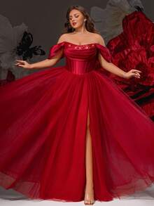 VIPGIRL Vestido de gala de tul color borgoña con hombros descubiertos, corsé con lentejuelas y falda esponjosa, vestidos de gala para mujeres, estilo princesa elegante, vestido de noche formal, vestido de lujo para invitada de boda, vestido de dama de honor, vestido de fiesta