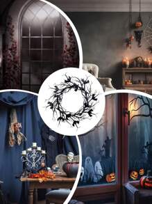 Halloween Wreath For Front Door, Halloween Black Garland Decorations, Artificial Black Twig Wreath With Glitter Bats, For Halloween Party, Porch, Front Door, Indoor, Outdoor, Farmhouse, Holiday Home Decor Halloween Decor Room Decor - Black - View 3