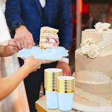 80件/套一次性派对不对称金箔餐具套装，包含蓝色金箔不对称盘子、一次性杯子、餐巾纸，适用于节日、生日、聚会 - 藍色 - 查看 7