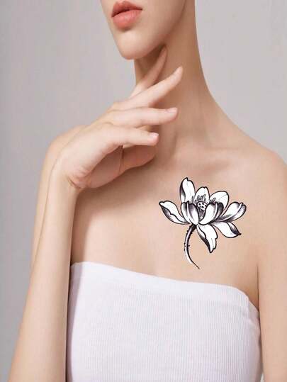 时尚水彩花卉、蝴蝶和月亮临时纹身