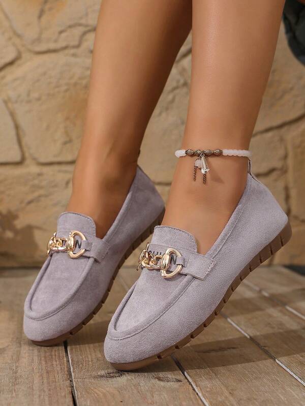 1 Paar Vintage Damen Loafer, Obermaterial aus Wildleder mit bedruckter Ketten-Dekoration, atmungsaktiv und bequeme Slip-On Flache Schuhe, geeignet für Party, Date, Ball, Alltag Lässig, Strand, Innenbereich, Straße, Campus