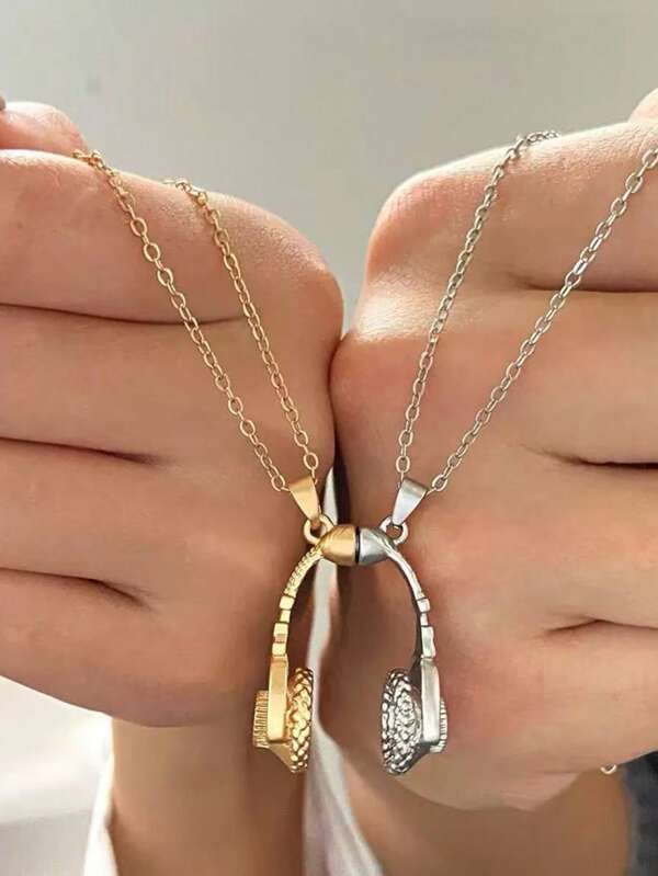 2pcs/Set Gold & Silver Earphone Pendant Magnetic Necklace, Friendship Necklace Set, Suitable For Daily Wear, Music Festivals, Gifts For Girlfriend, Friends, Bestie
