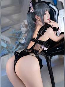 Enamel Sexy Women's One-Piece Dress, Mesh Seam One-Piece Dress, Cosplay Cat Women's Bra One-Piece Dress, Stylish And Cute Style One-Piece Dress, Suitable For Weight 40kg-60kg (Not Including Headband, Handcuffs And Collar) - 黑色連身衣+透明肩帶*2 - 查看 4