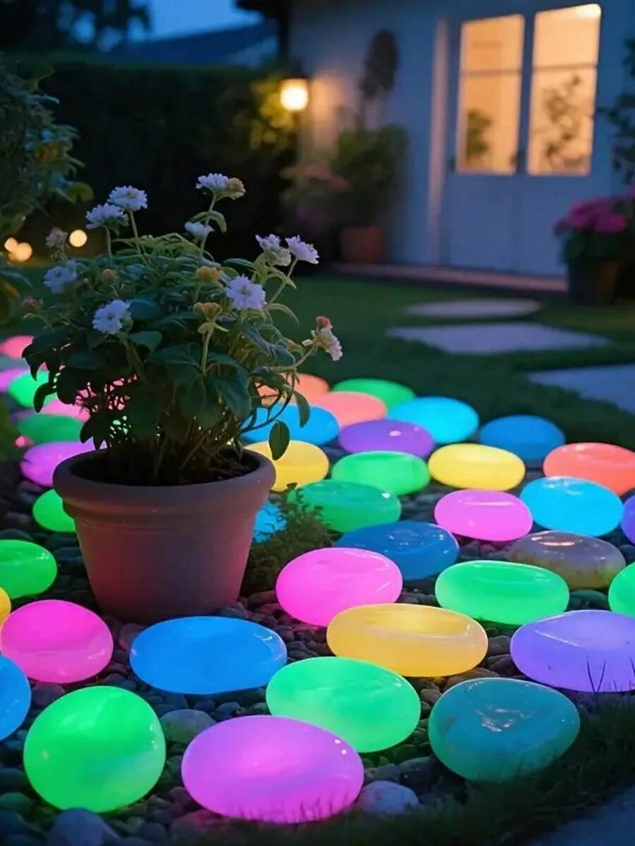 51/201/600 Pieces (Colored/Blue/Light Purple) Luminous Stones - Bright Neon Colored Plastic Decorative Stones, Used For Garden, Halloween Sidewalk, Flowerpot, Fish Tank, Pond, Courtyard, Bonsai Decoration, Absorbing Light During The Day, Durable Outdoor Decoration, Luminous Party Decoration, Garden Stones, Pot Landscape Decorative Stones, Fish Tank Decorative Stones