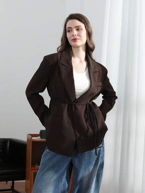 HH Women's White Turn-Down Collar Long Sleeves Lace-Up Blazer