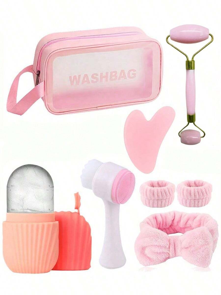 8-Piece Facial Cleansing And Massage Set, Including A Reusable Silicone Facial Ice Roller, A Face Wash Headband Wristband, A Face Cleansing Silicone Face Wash Brush, And A Face Wash Storage Bag, Portable Skin Care Headband Set For Women,Beauty,Skin Care Products,Spa,Self Care,Skin Care Tools,Face Care,Esthetician Supplies,Massage,Face Massage Tool,Face Roller