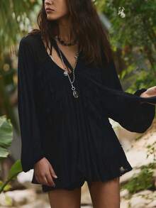 Womens Y2K Sheer Mesh Frill Shirt Tops Solid Color See Through Long Puff Sleeve V Neck Ruffle Hem Loose Fit T Shirts Blouses Boho Peplum Shawl Shirts With Scarf Set Fall Going Out Tops Beach Cover Up Vacation Streetwear - 黑色 - 查看 4