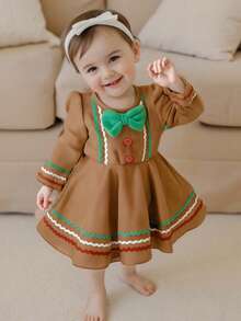 Toddler Baby Girl Christmas Dress Gingerbread Man Velevt Ruffle Dress Long Sleeve Tutu Dresses Christmas Outfit - 卡其色 - 查看 2