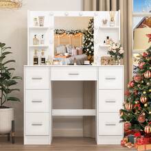 Modern Large Makeup Vanity Set White 7 Drawers Dressing Table & Lighted Mirror - White - View 6