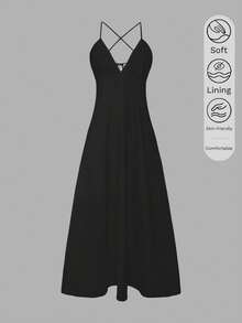 女士缎面 V 领优雅夏季长裙、丝质睡裙、节日派对生日正式场合连衣裙 - 黑色 - 查看 2