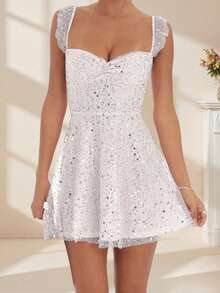 Vestido de tirantes para mujer, vestido mini de verano con espalda descubierta, lazo y lentejuelas brillantes en corte evasé - Blanco - Ver 4