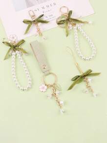 1pc Green Ribbon Lanyard, Car Key Chain Pendant, Creative Lily Flower Pearl Chain Pendant, Earphone Case Bag Decor