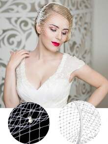1pc Vintage Headband With Veil, Bridal Tea Party Headpiece, Women Rhinestone & Pearl Hair Hoop, Elegant Decor For Holiday, Halloween Party - Multicolor - View 4