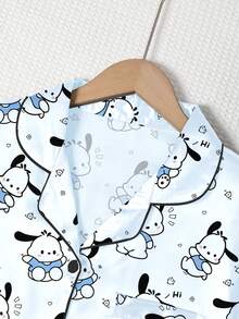 Sanrio Hello Kitty Silk Pajama Set, 97% Polyester 3% Elastane, Short Sleeve Button Front Lapel Bow Cartoon Cute Front Button Pocket Contrast Trim