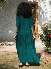 深绿色刺绣迪拜风格短袖休闲女式睡袍（春季款） - 墨綠色 - 查看 2