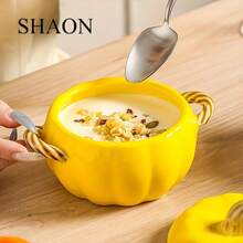 1 套带盖陶瓷汤碗创意南瓜造型家用带耳汤碗。 - 彩色 - 查看 9