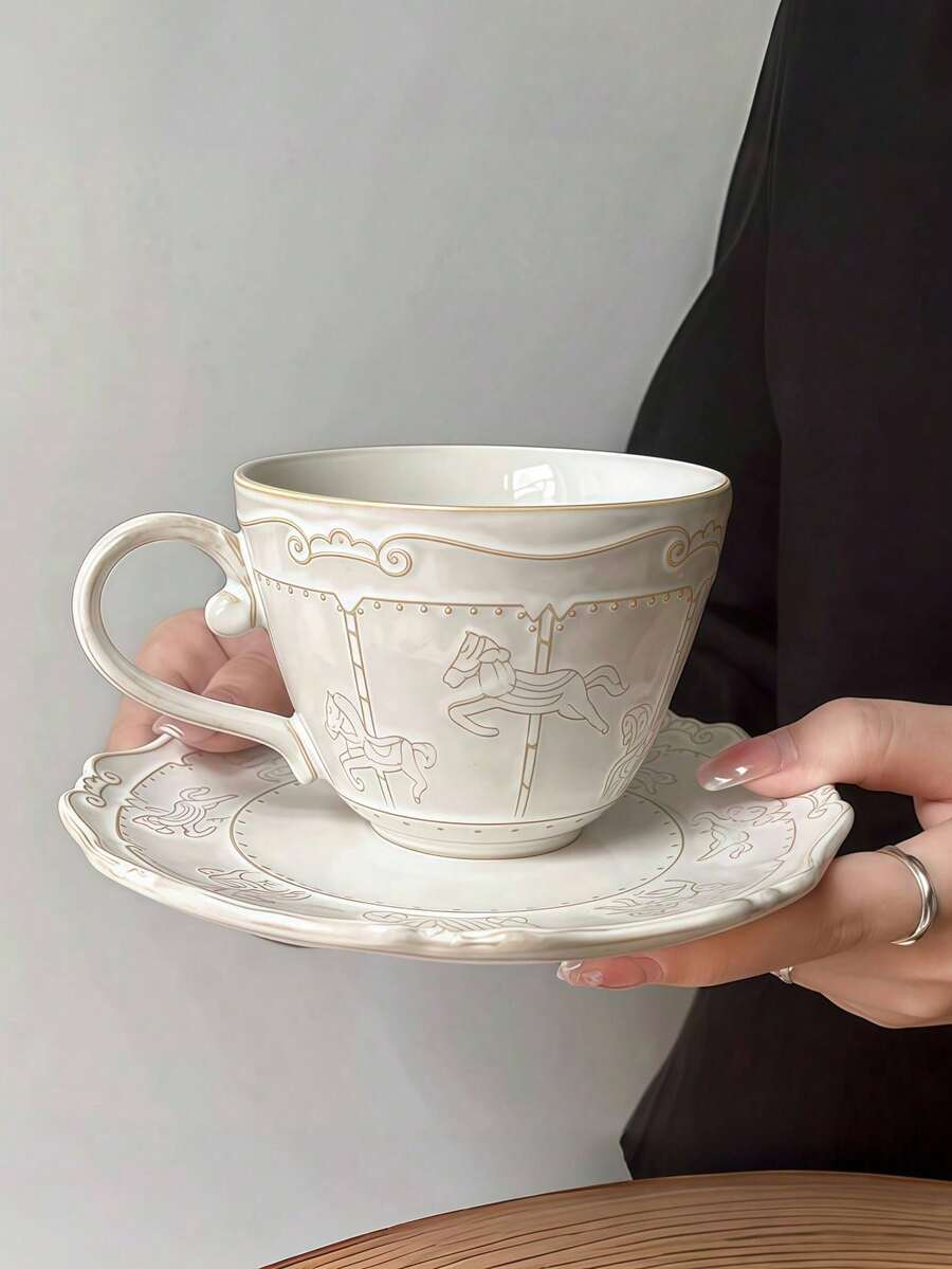 1 件浮雕木马陶瓷杯碟套装，豪华旋转木马咖啡杯，高端拿铁艺术，适用于餐厅、客厅、咖啡厅、聚会