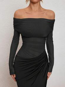 WOWDARK Women's Solid Off Shoulder Mesh Hollow Out Fitted Long Dress, Sexy & Flattering, Autumn