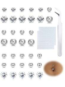 Y2K Fake Belly Ring Stick On Fake Belly Piercing Jewelry Cute Pink Belly Button Rings Heart CZ Stainless Steel Fake Belly Button Ring Fake Earrings Non Piercing Stick On Jewelry